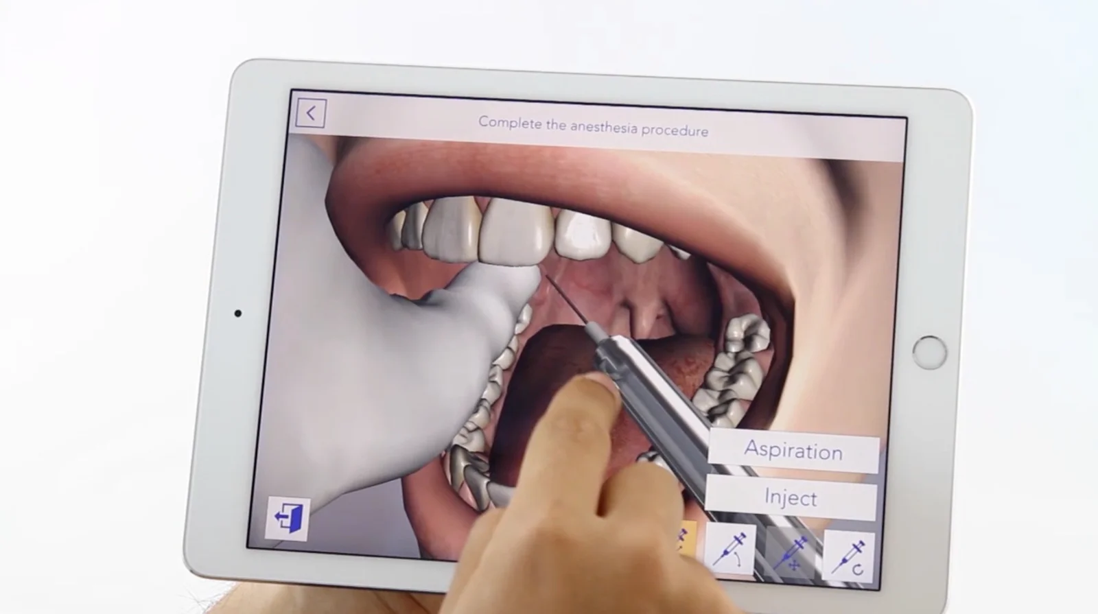 The Anestha app on a tablet — a 3D view inside the mouth with a syringe positioned for an inferior alveolar nerve block, with Aspiration and Inject controls